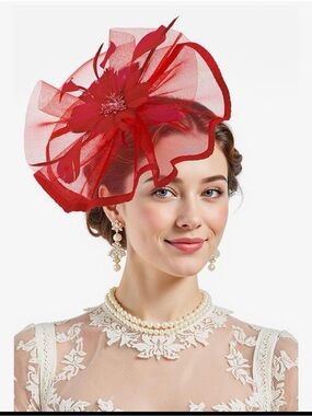 Kentucky Feather Mesh Fascinators Derby Hats with Clip & headband red